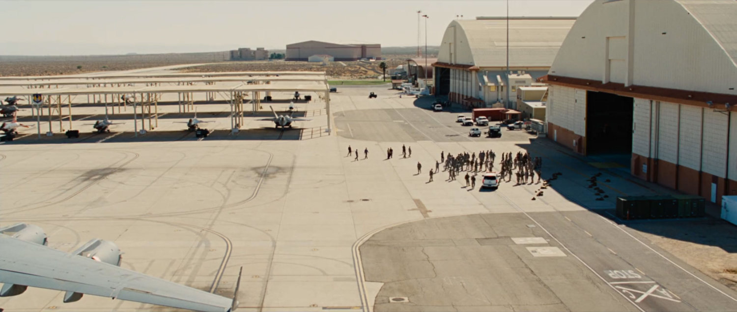 Aerial shot of planes, runways, and hangars at Edwards Air Force Base.