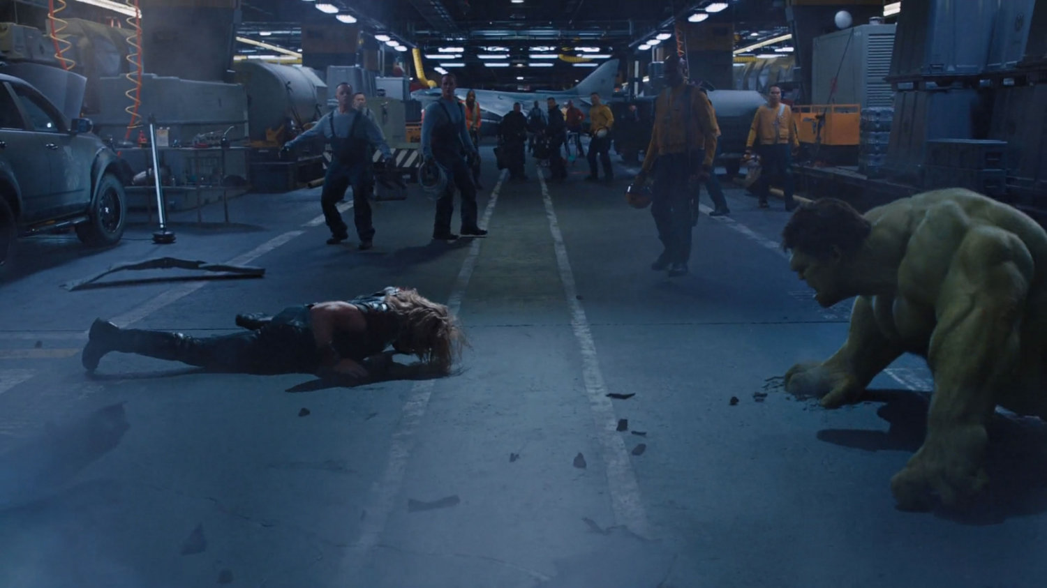 Thor and Hulk on an interior deck of the SHIELD helicarrier.