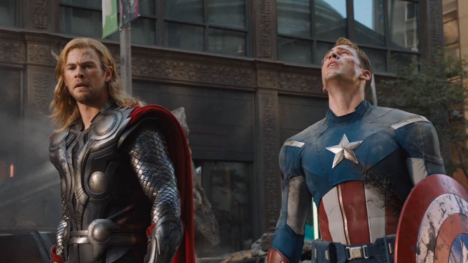 A tired looking Thor and Captain America.