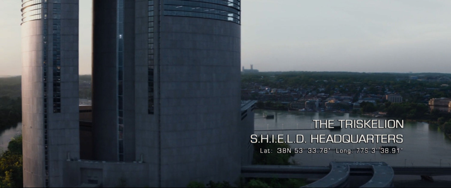 The Triskelion on the banks of the Potomac. Text: The Triskelion SHIELD Headquarters.