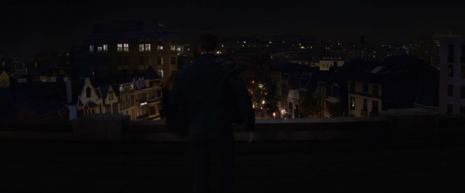 Nighttime shot of silhouetted figure on rooftop looking over Washington DC neighborhood.