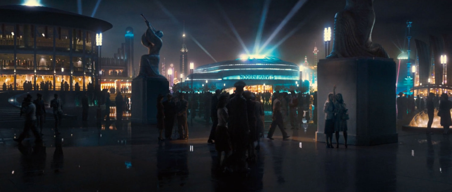 Nighttime view of pavilions at the 1942 World's Fair.