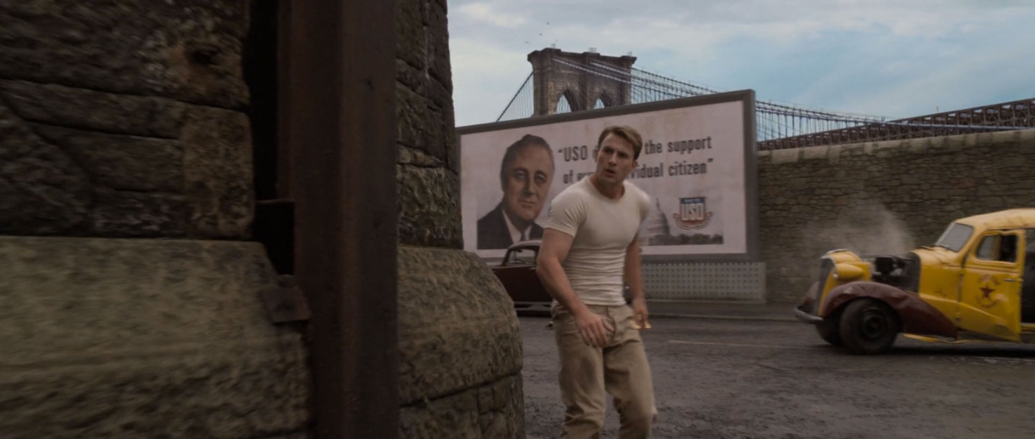 Steve Rogers looking around the corner at Pier 13.