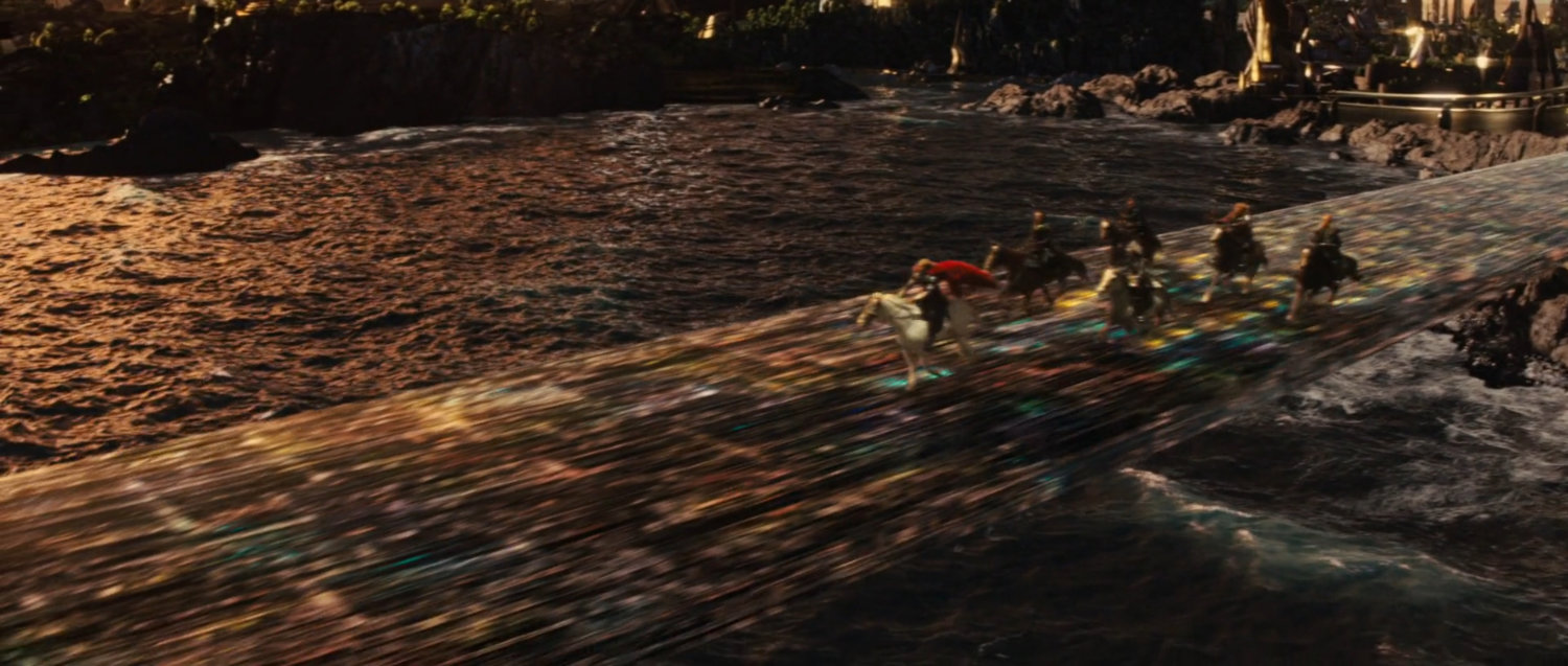 Horses riding across Bifrost, the Rainbow Bridge.