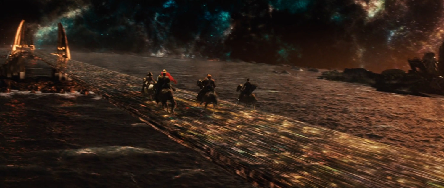 Horses riding across Bifrost, the Rainbow Bridge.