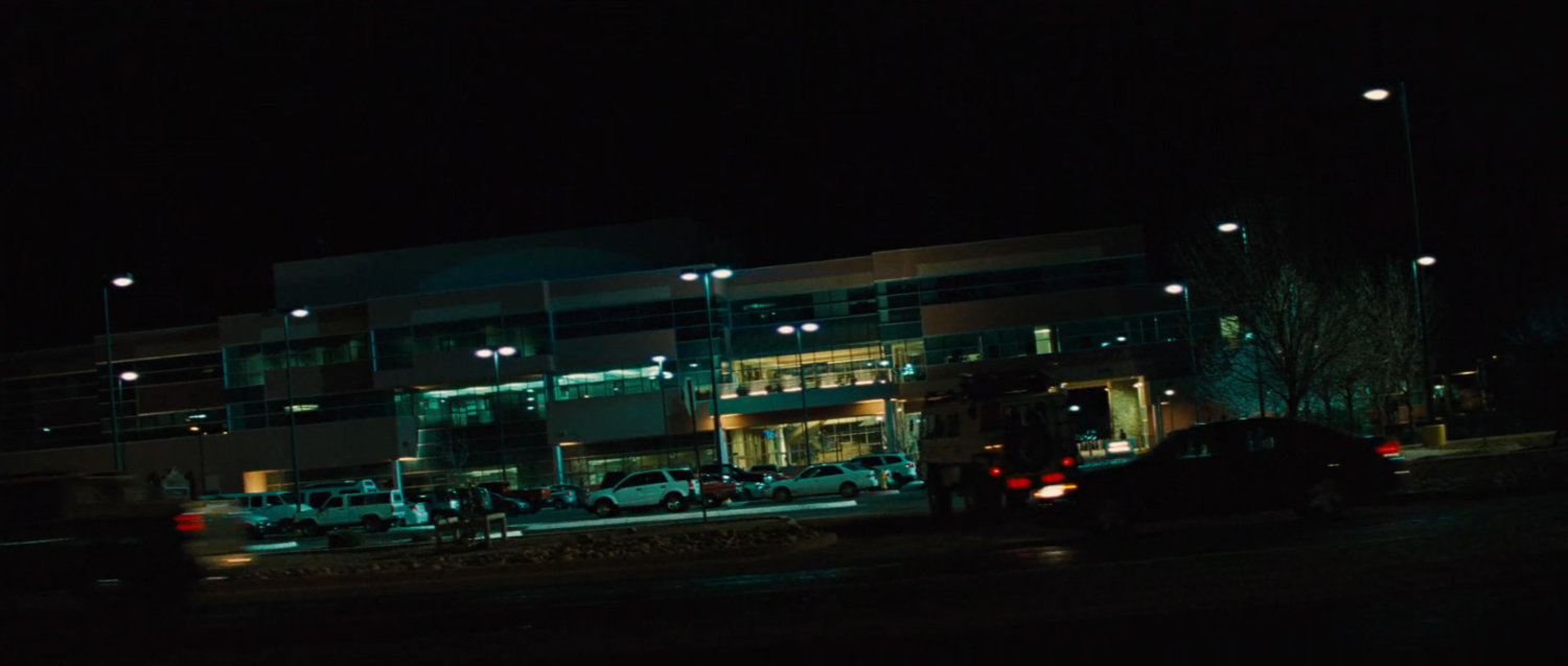 Nighttime exterior of County Hospital.