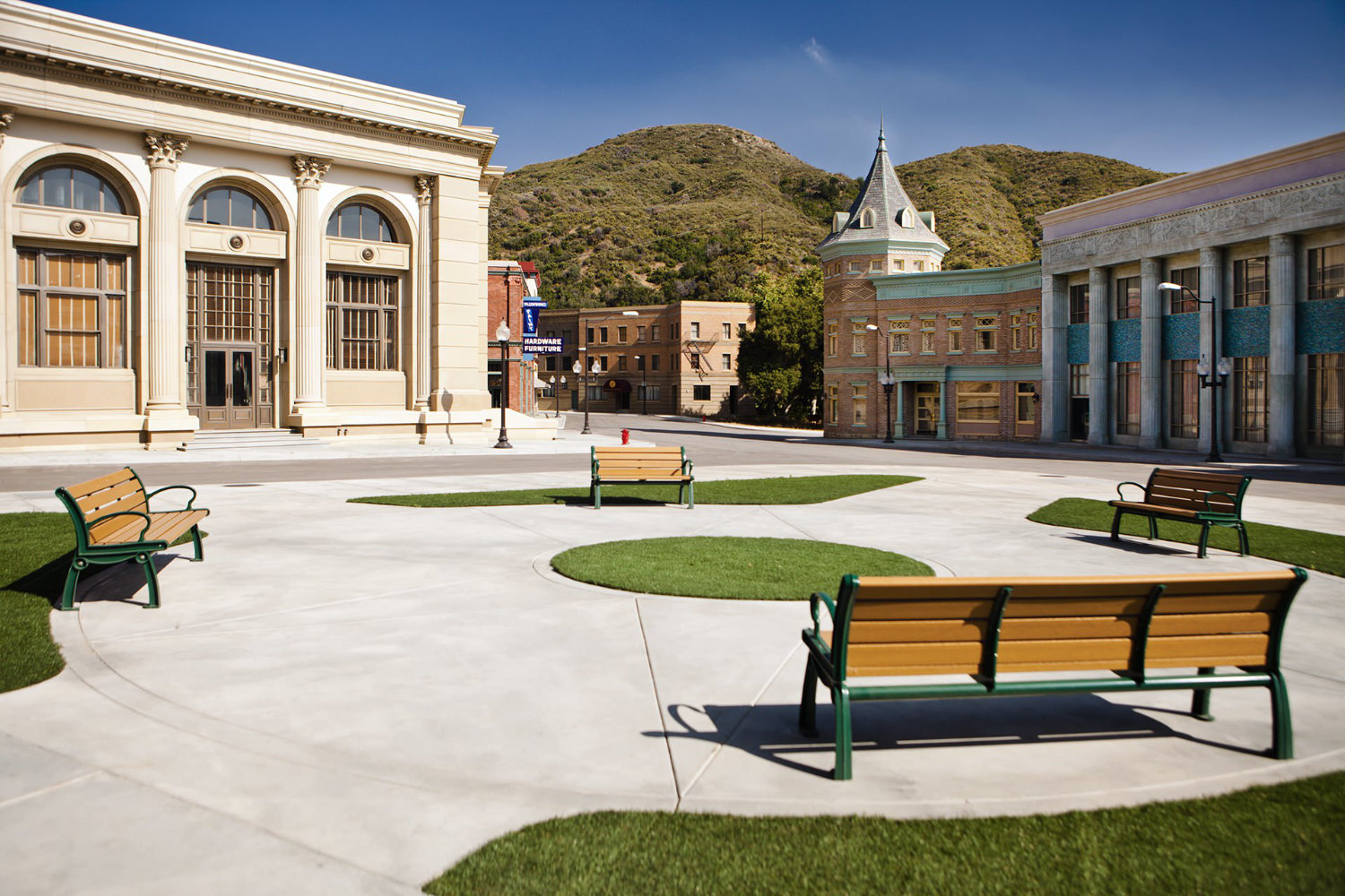 Street View of the Westview courtyard filming location at the Golden Oak Ranch.