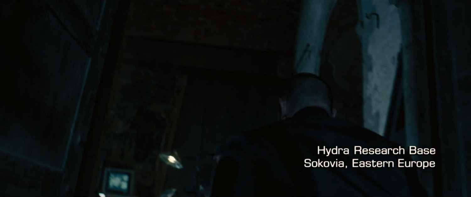 Interior of castle. Text: Hydra Research Base, Sokovia eastern Europe.