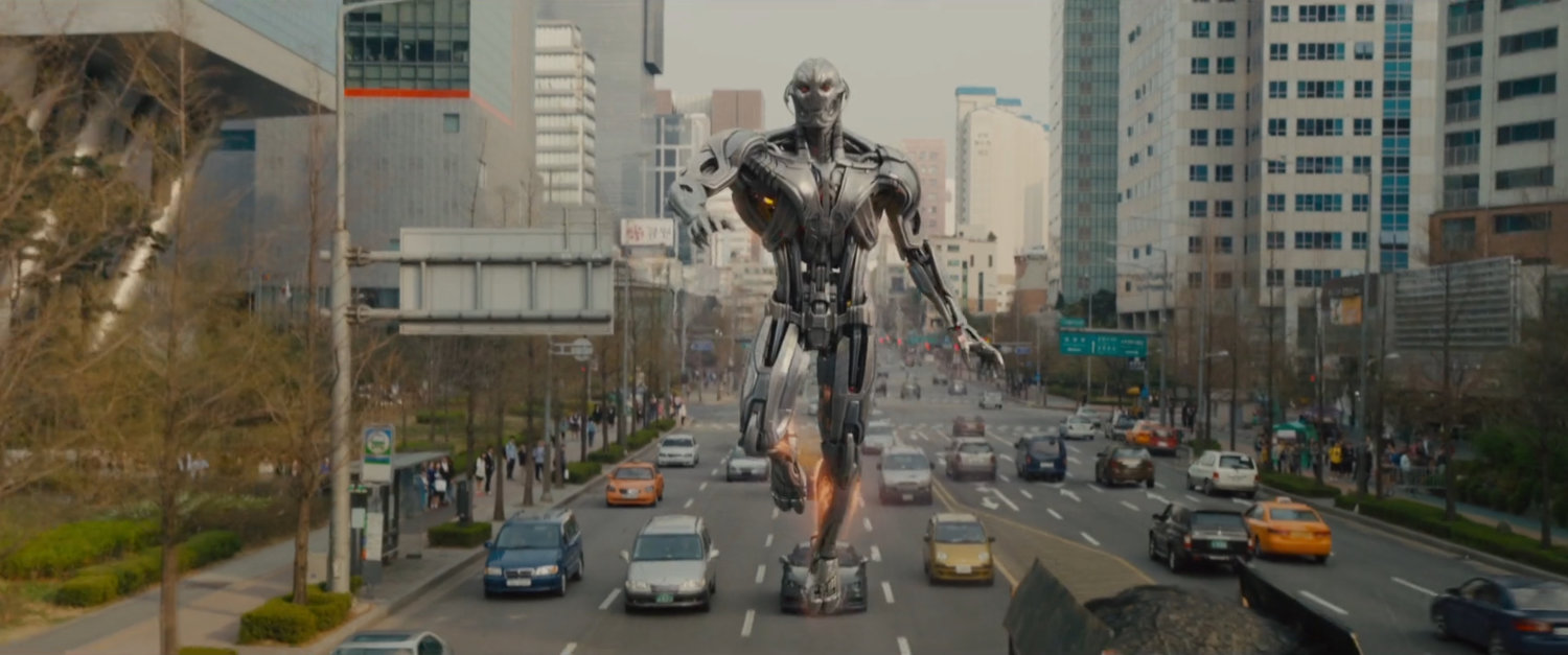 Ultron hovering above Seoul Korea street.
