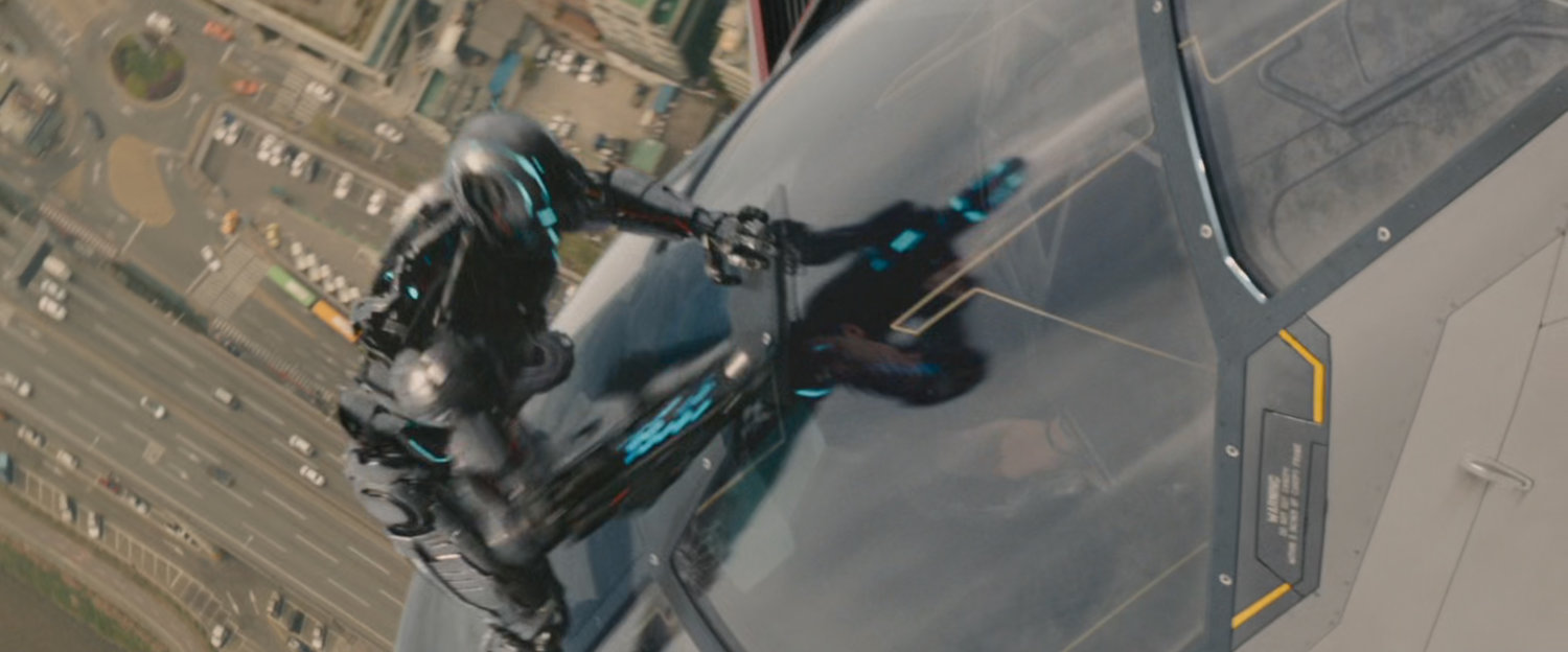Aerial view of Seoul Korea with Ultron drone on quinjet.