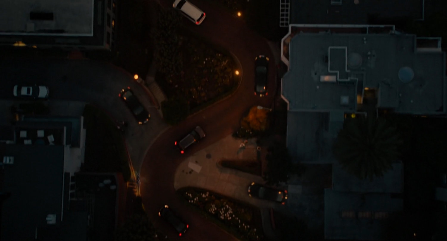 Nighttime aerial view of Lombard street.