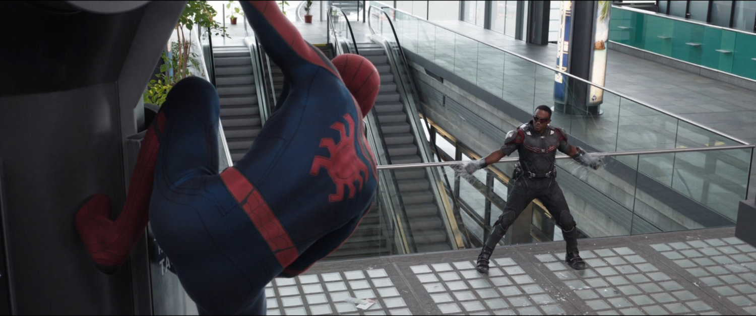 Spider-Man webs Sam in the Leipzig/Halle Airport terminal.