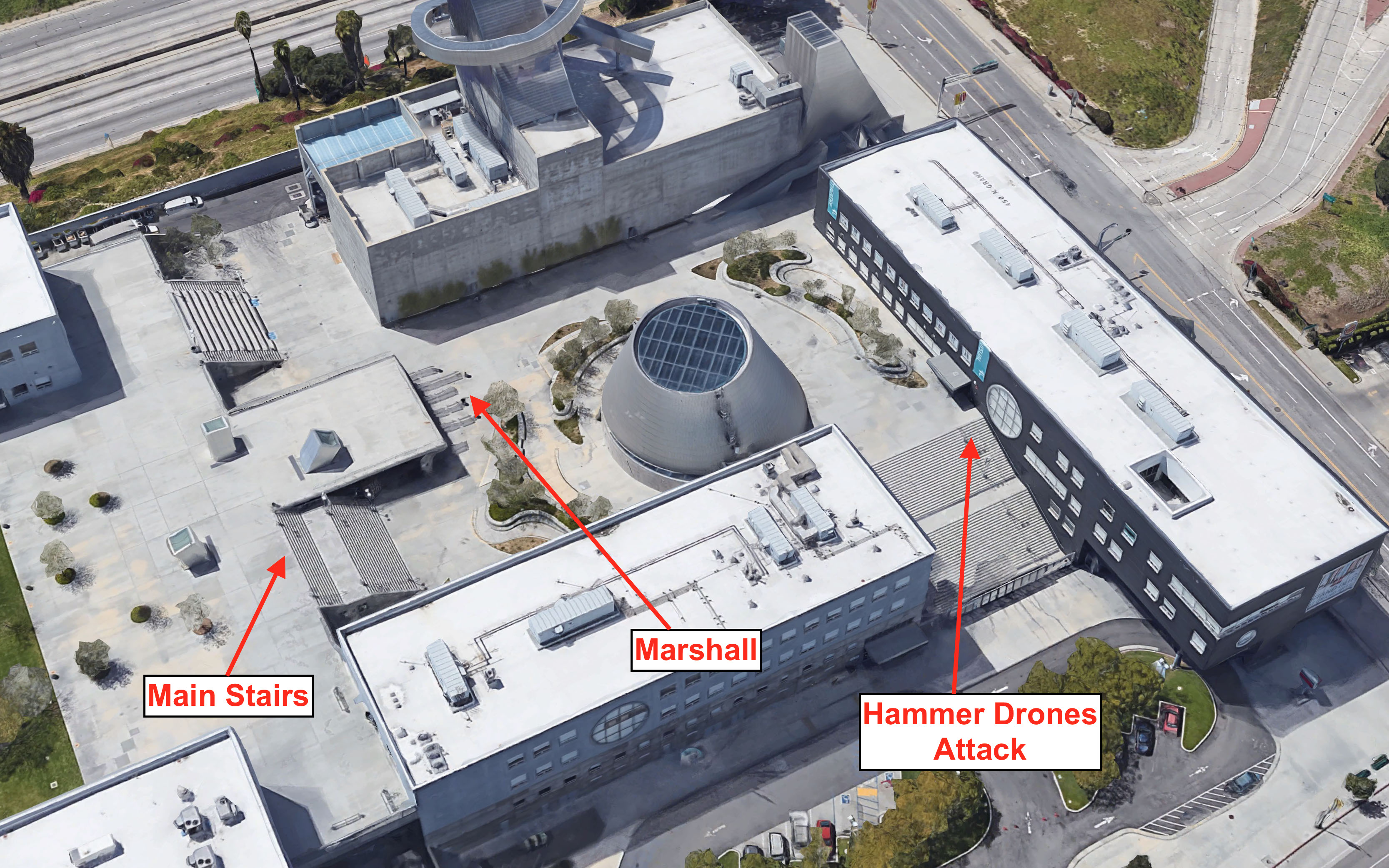 A satellite image of the Ram? n C. Cortines school used to film exteriors of Stark Expo, with callouts for the location of the Main Stairs, the Marshall, and the Drone attack.