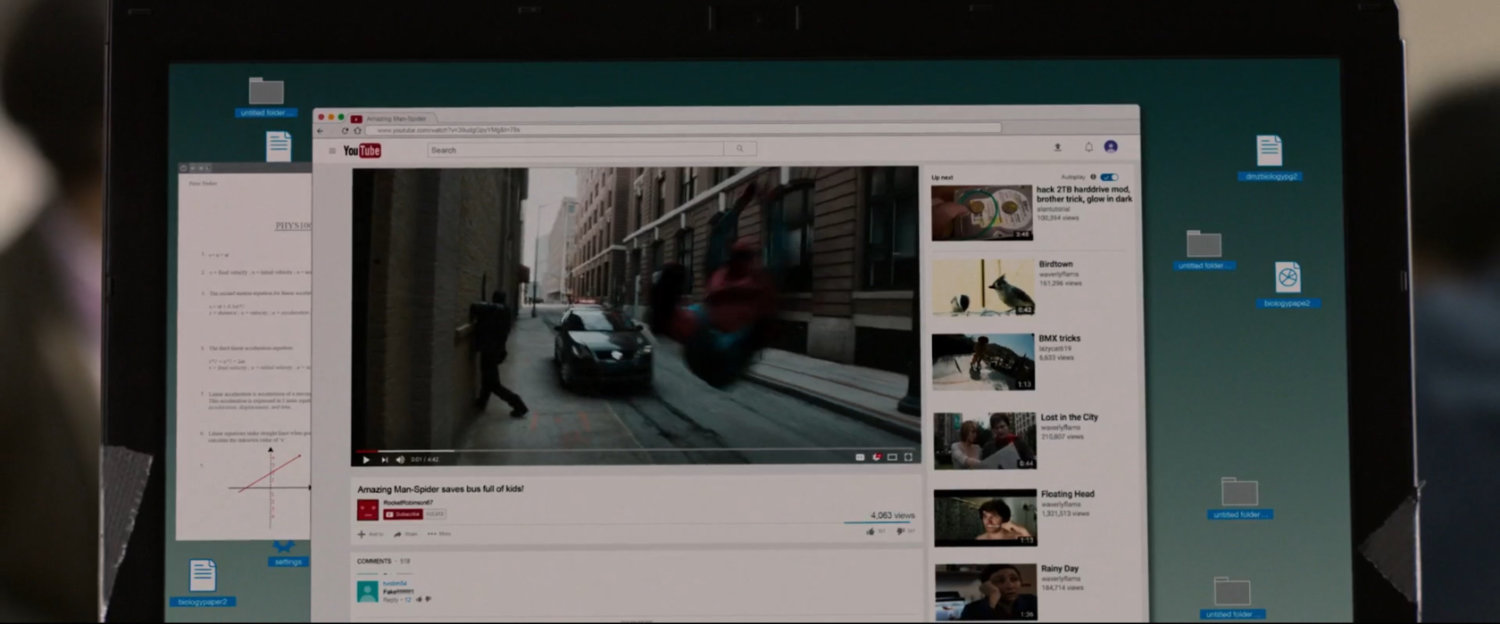 YouTube video of Spider-Man swinging down street.