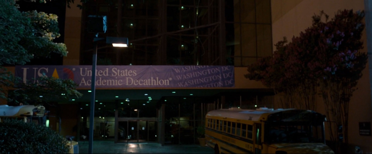 Nighttime exterior of Washington DC hotel.