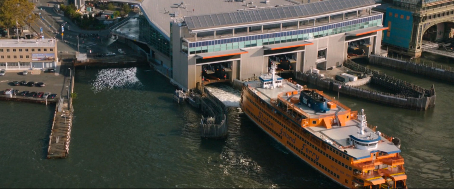 Aerial view of water side of Staten Island Ferry building.