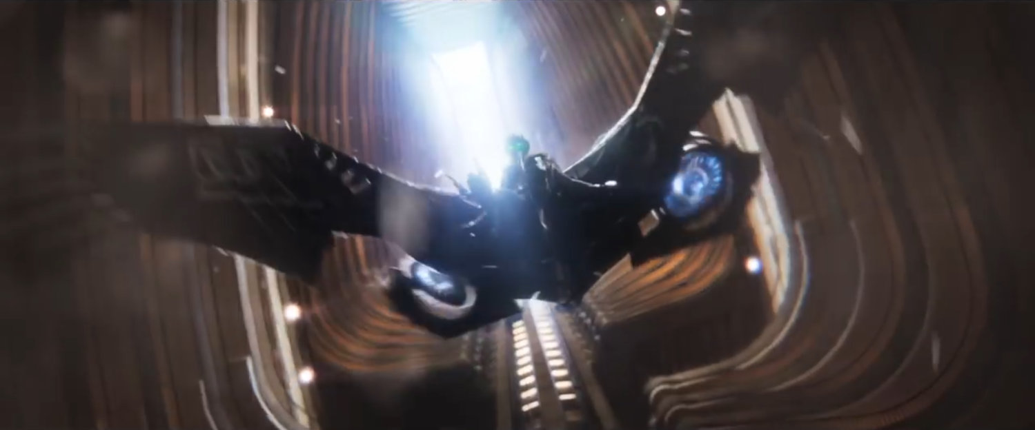 Vulture descending down hotel atrium.
