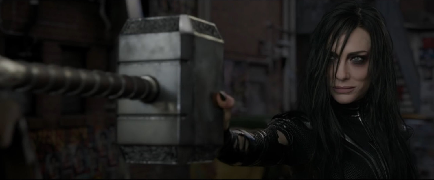 Hela holding Mjolnir.