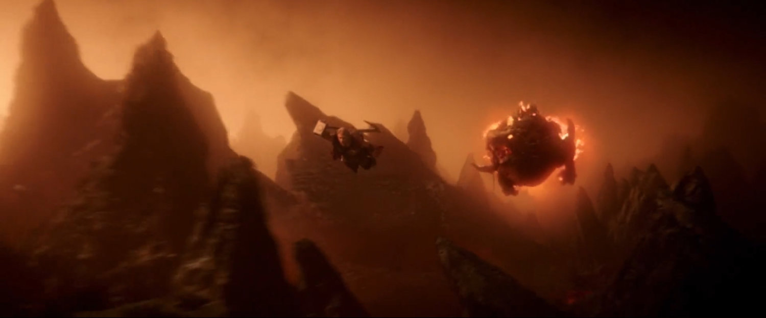 Thor being chased by dragon in Muspelheim.