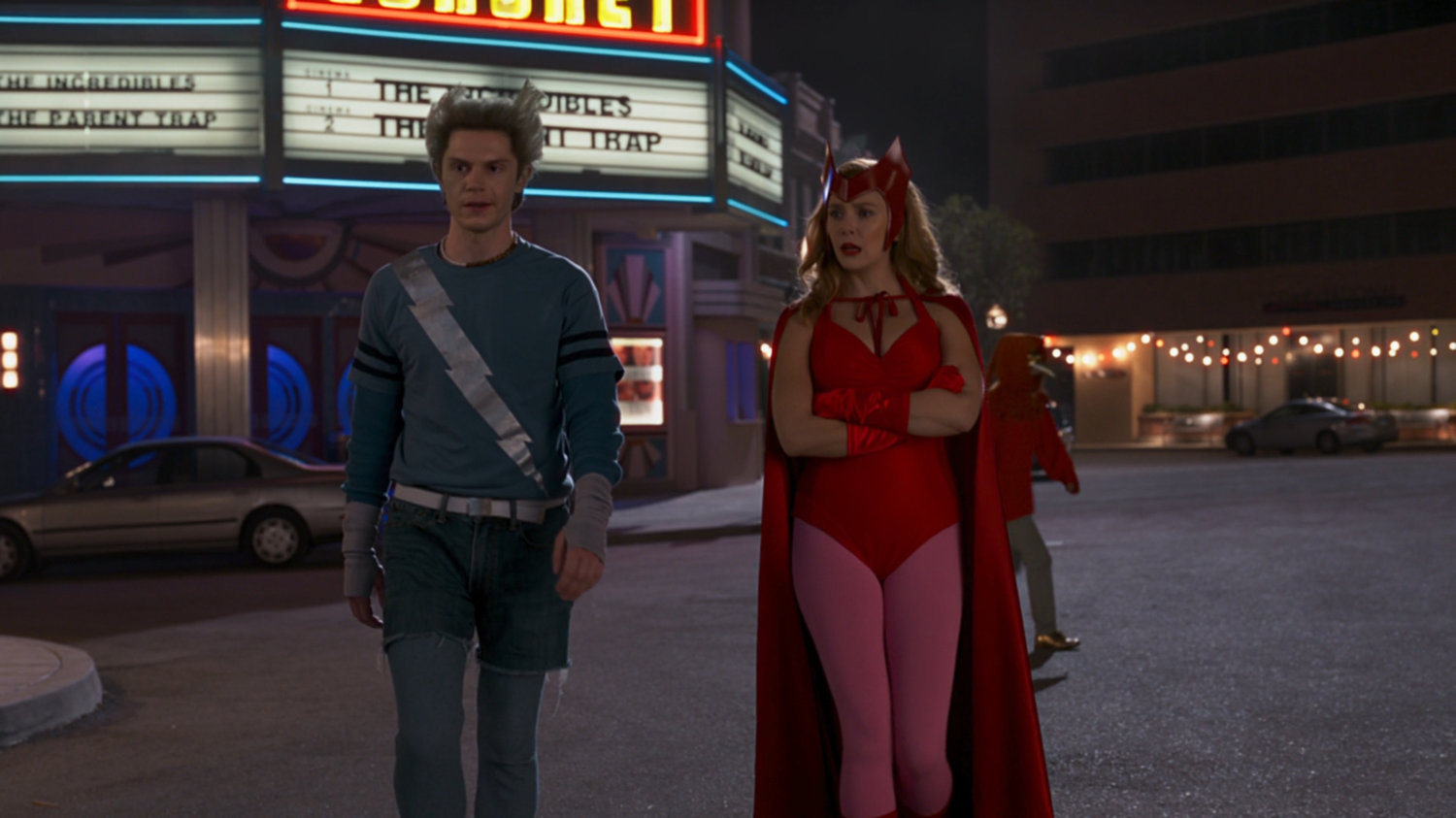 Pietro and Wanda in costume in front of the Coronet theater.