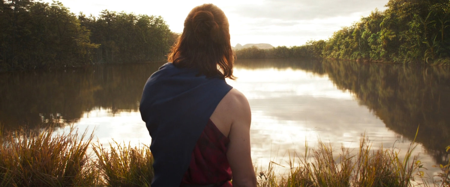 Rear view of Bucky barnes looking out over Wakandan lake.