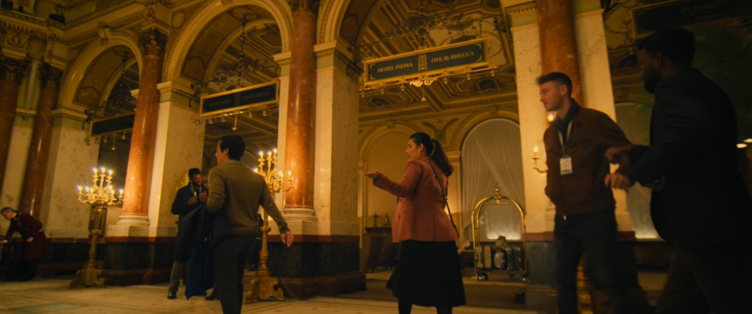 Patrons in the lobby of a Russian hotel.