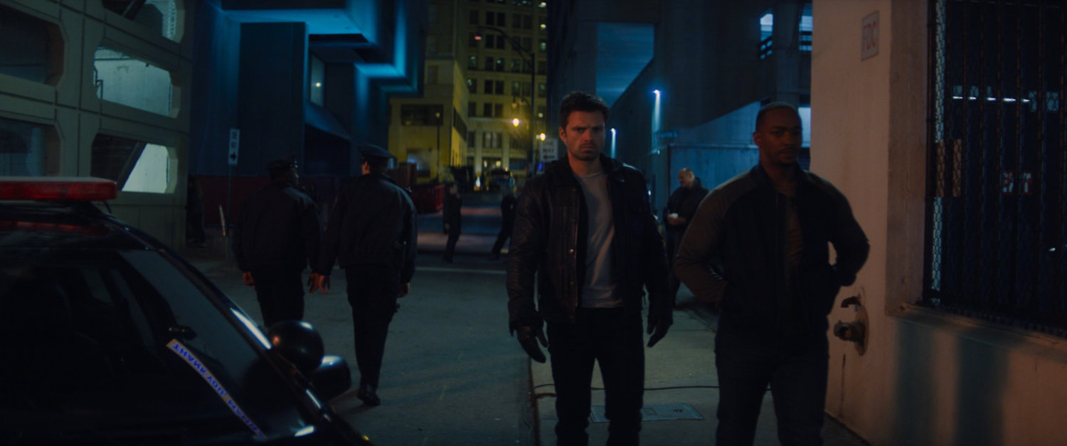 Sam and Bucky outside a Baltimore police station.