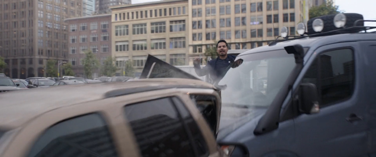 Luis jumps out of crashed van.