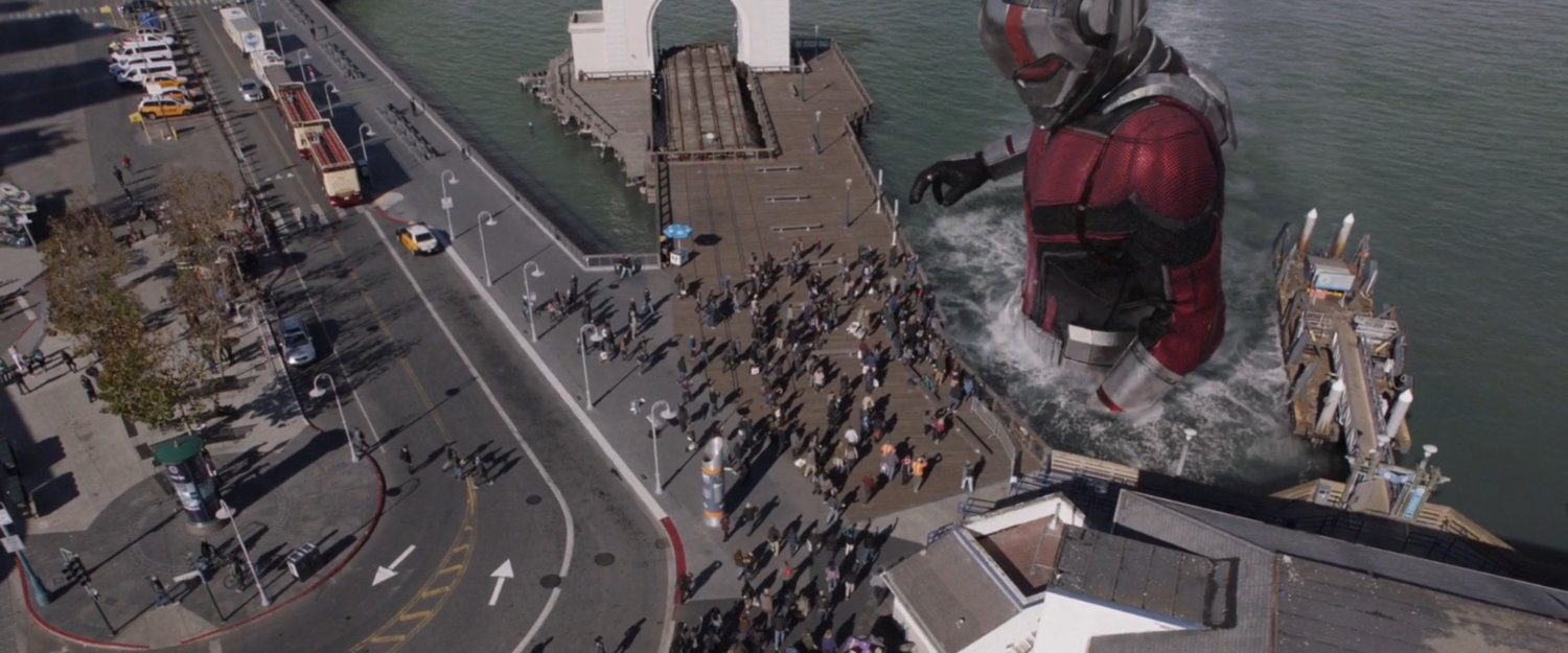 Aerial view of Giant-Man in the water by the Embarcadero pier.