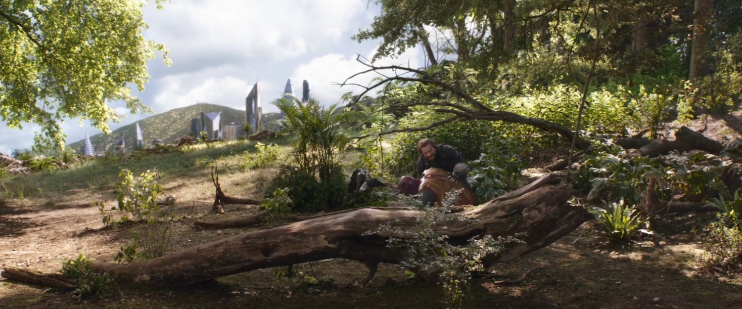 Captain America and Vision next to a fallen tree in a forest.