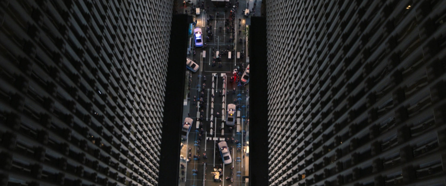 Aerial view of plaza between high rise building in front of GRC Headquarters.