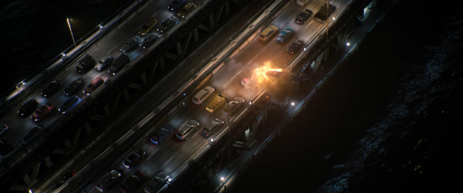 Aerial view of explosion on the Manhattan Bridge at night.