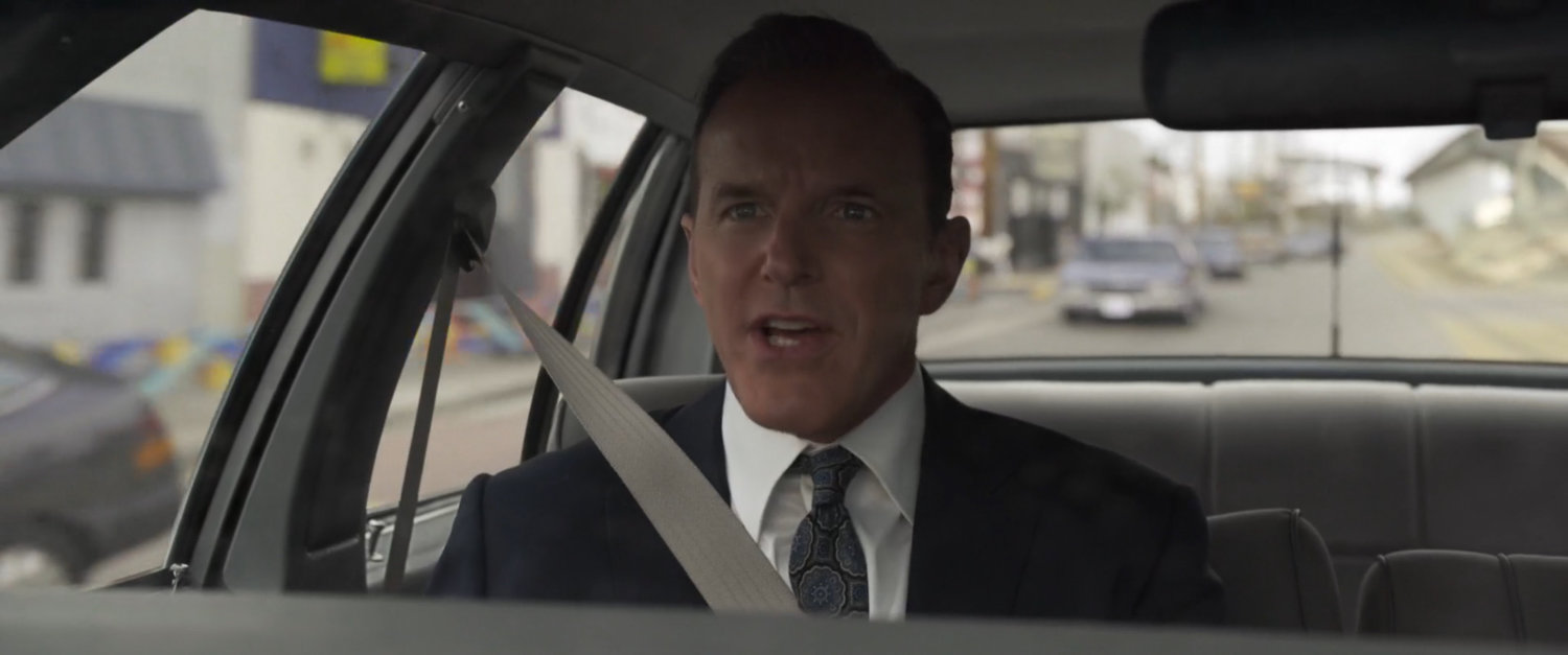 Coulson looking tense during Metro train pursuit.