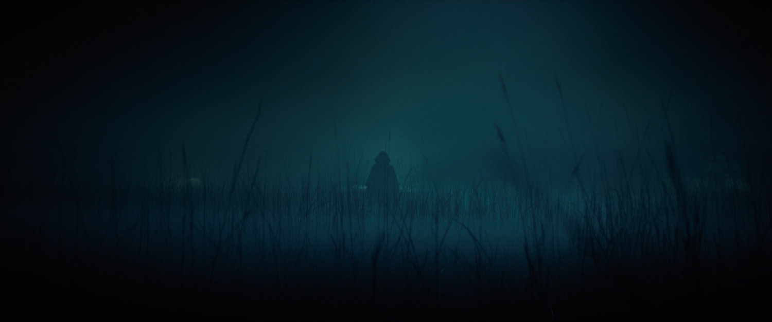 Silhouette in foggy Oklahoma field at night.