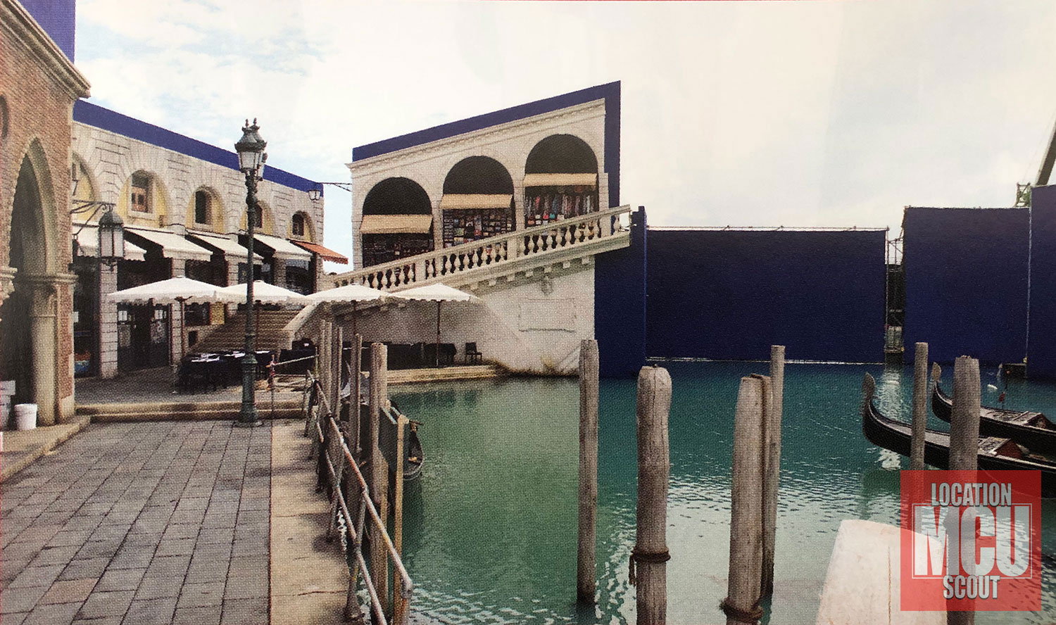 Behind the scenes photo of Rialto Bridge set at Leavesden Studios.