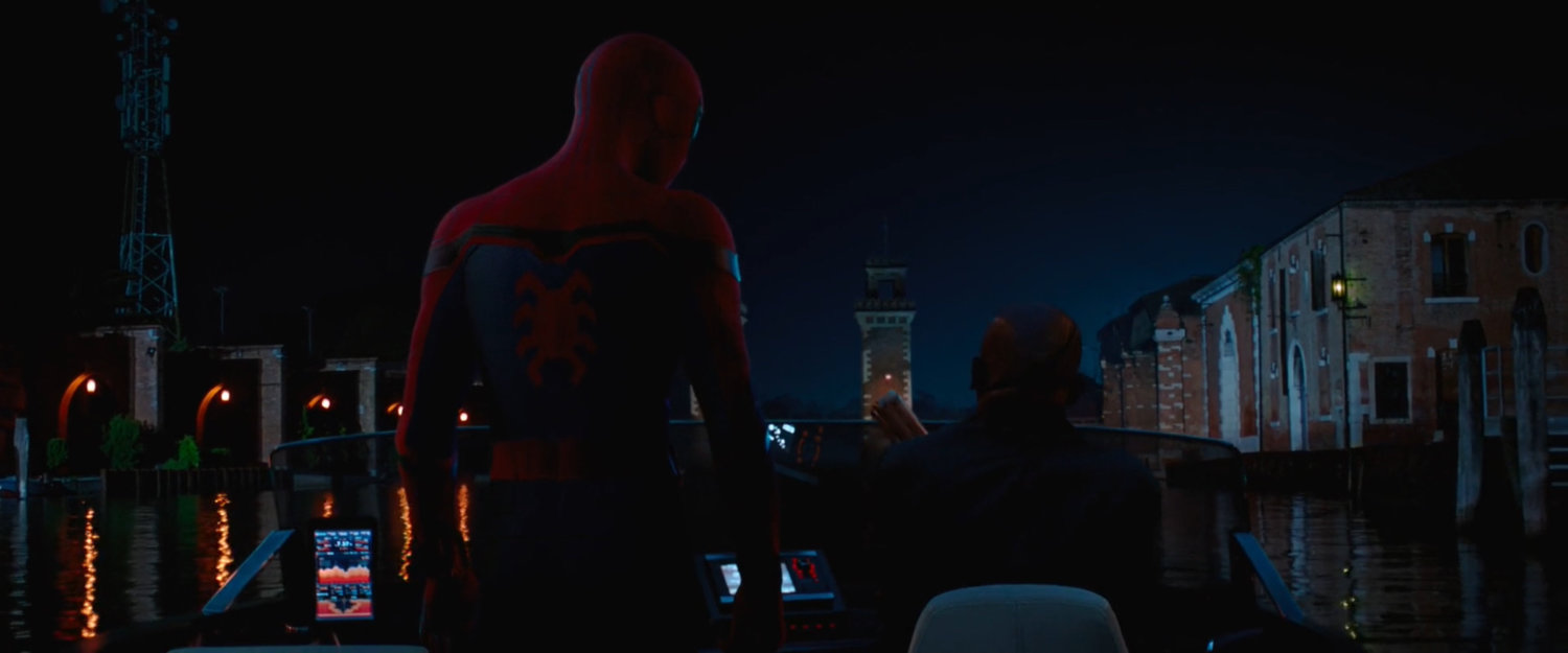Spider-Man and Nick Fury on a water taxi approaching Arsenale di Venezia.
