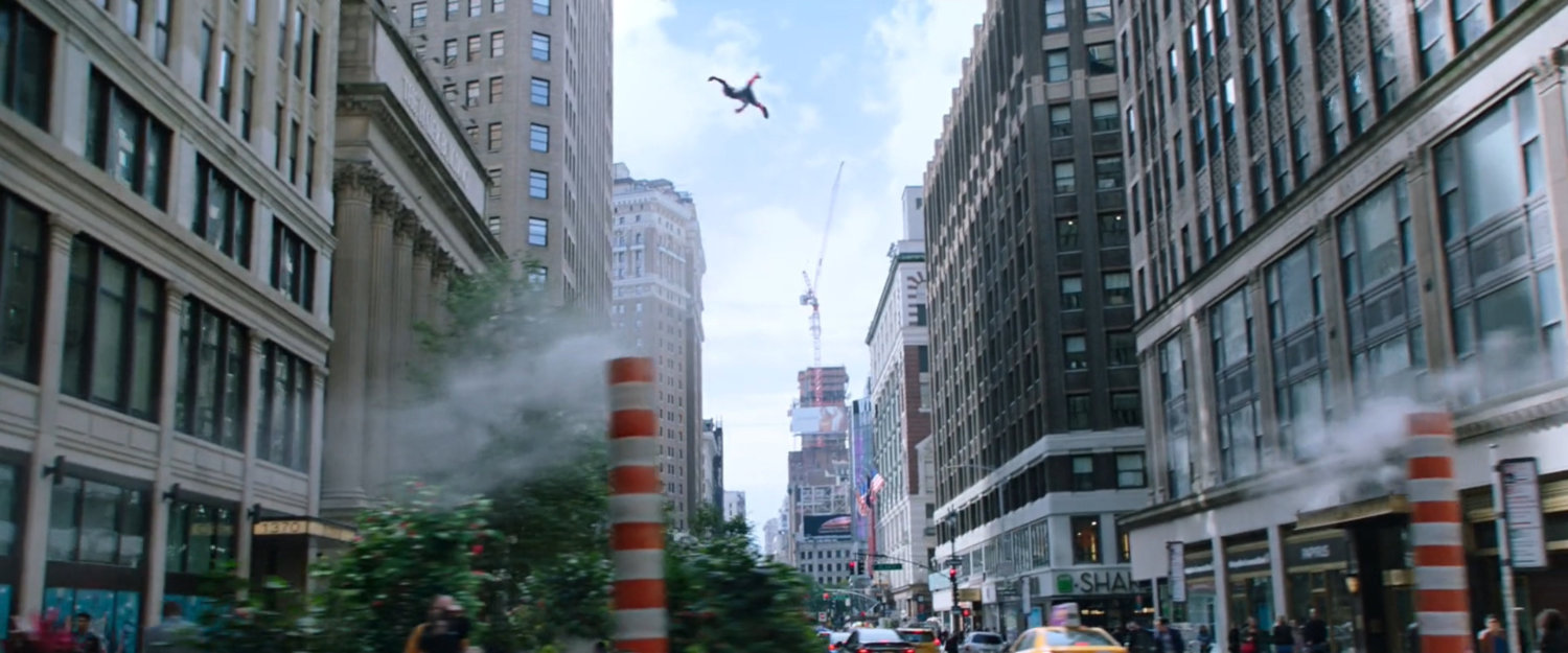 Spider-Man swinging through New York skyline.