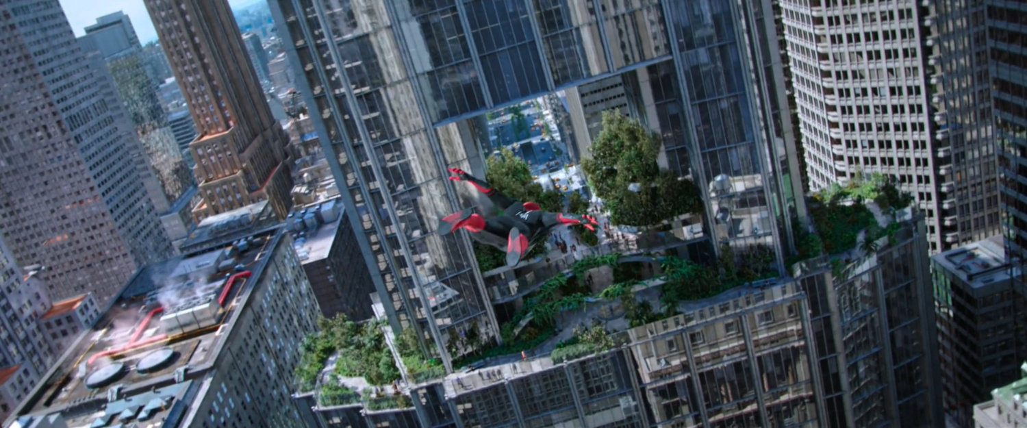 Spider-Man gliding towards a skyscraper atrium.