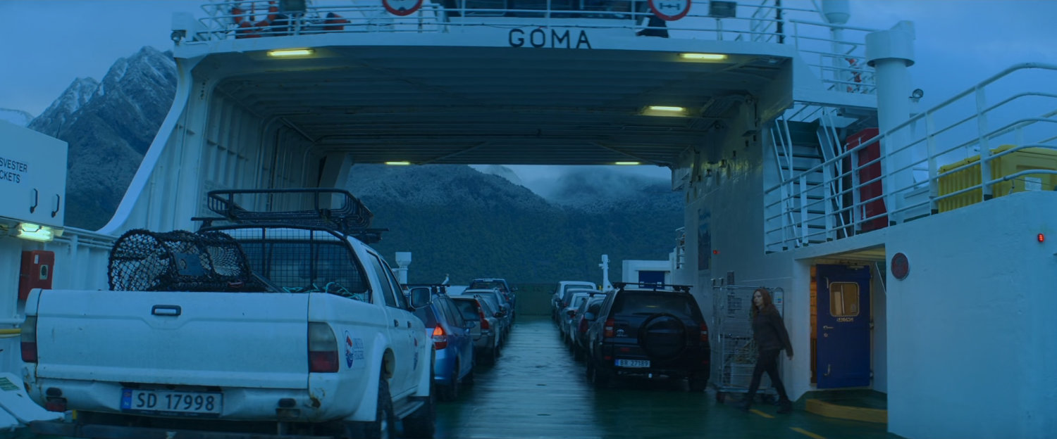 Natasha on the deck of a Norwegian auto ferry.