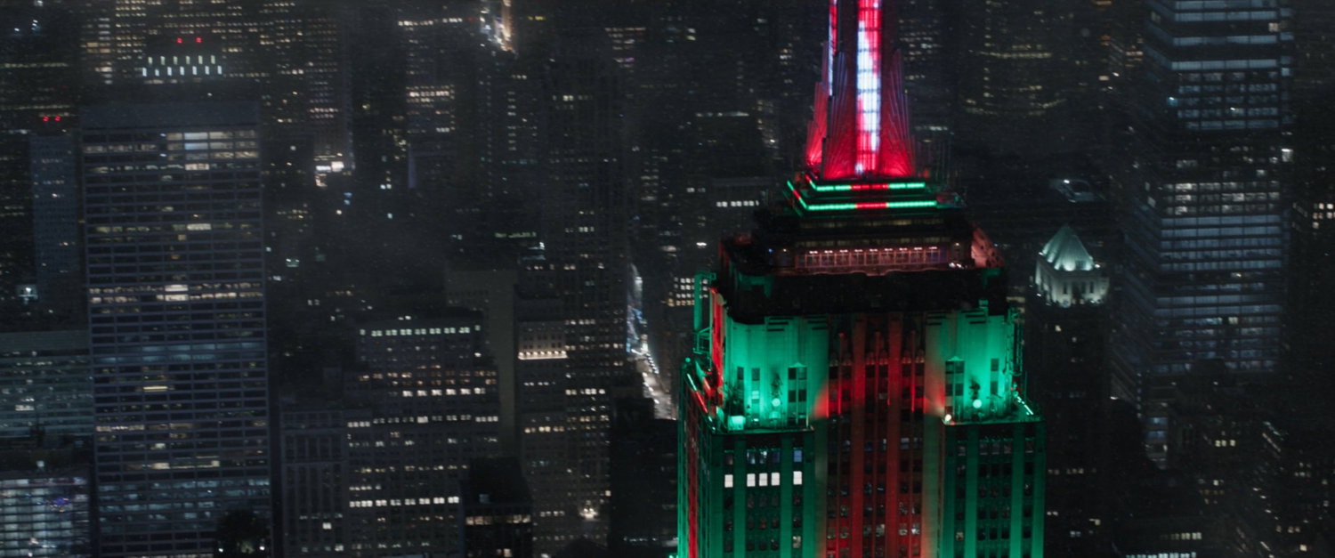 Nighttime aerial view of Empire State Building in New York City.