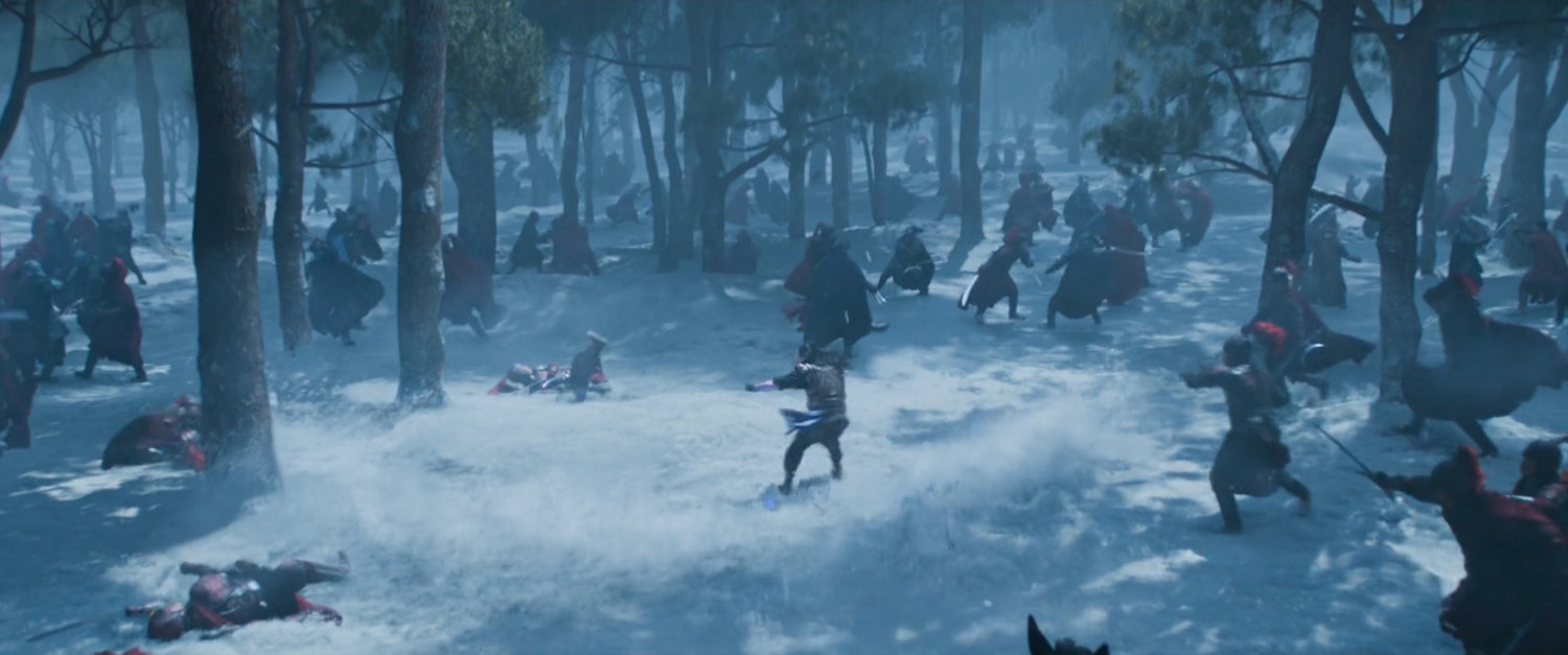 Soldiers battle in a snowy forest.