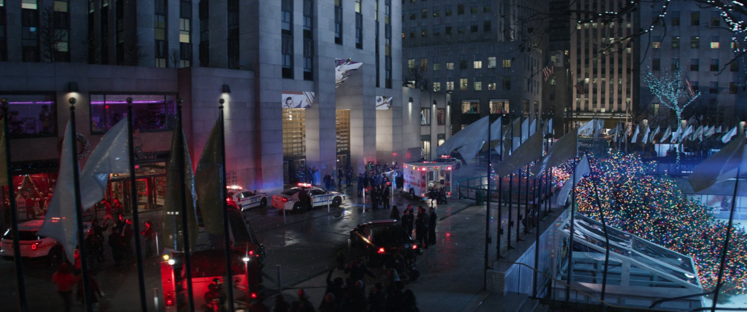 High angle view of police cars and aftermath of battle at Rockefeller Center.