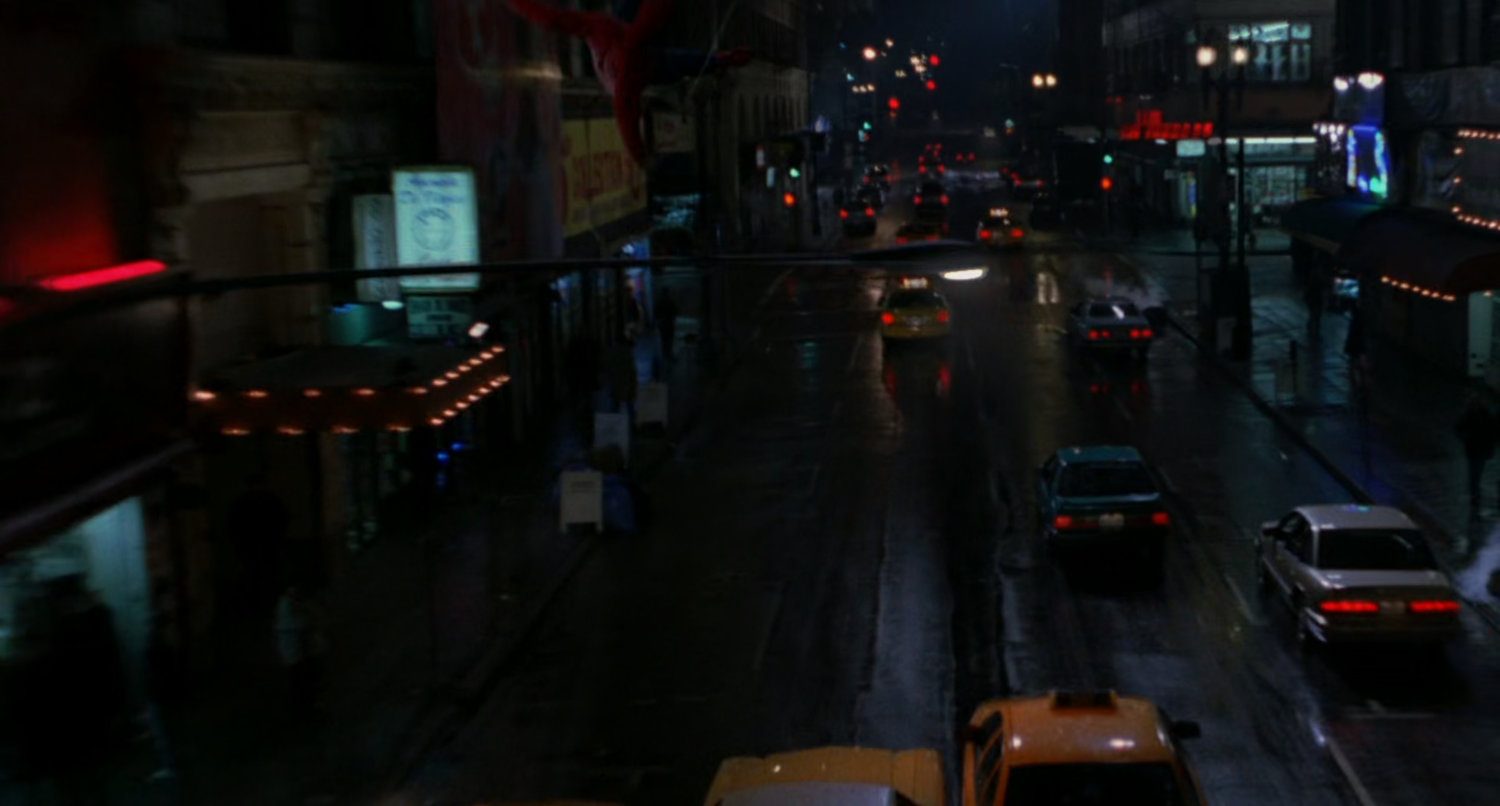 Night street car chase.