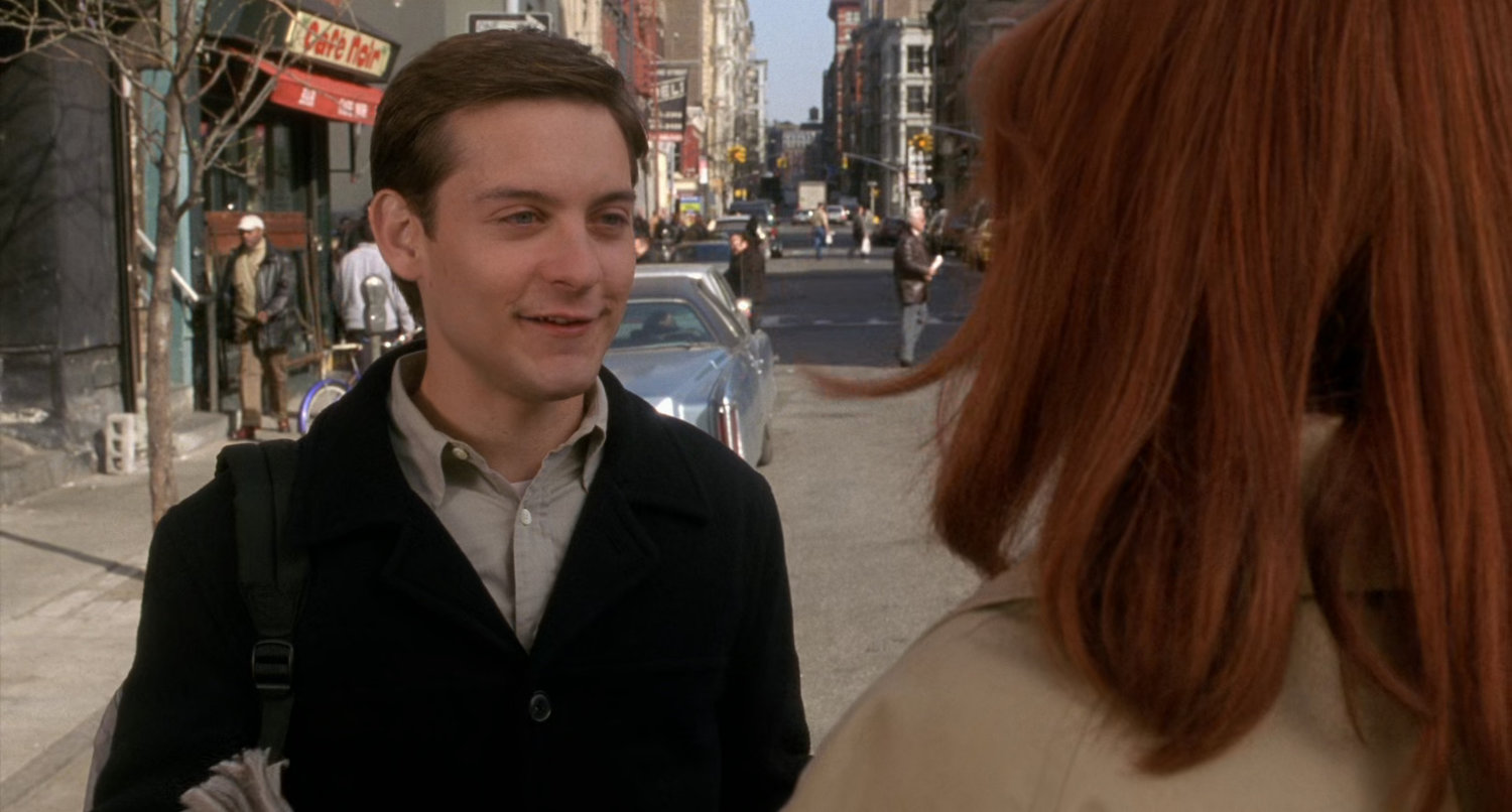 Peter Parker talks to Mary Jane outside Moondance diner.