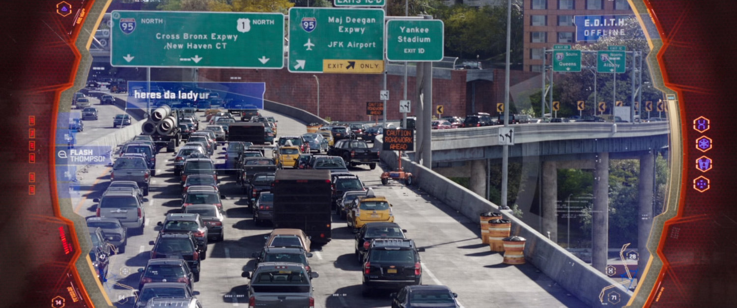 Telescopic Spider-View of traffic on the Alexander Hamilton Bridge.