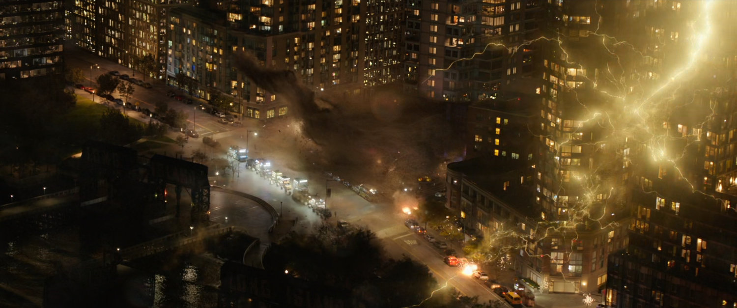 Aerial view of electrical storm outside Long Island City apartment building.