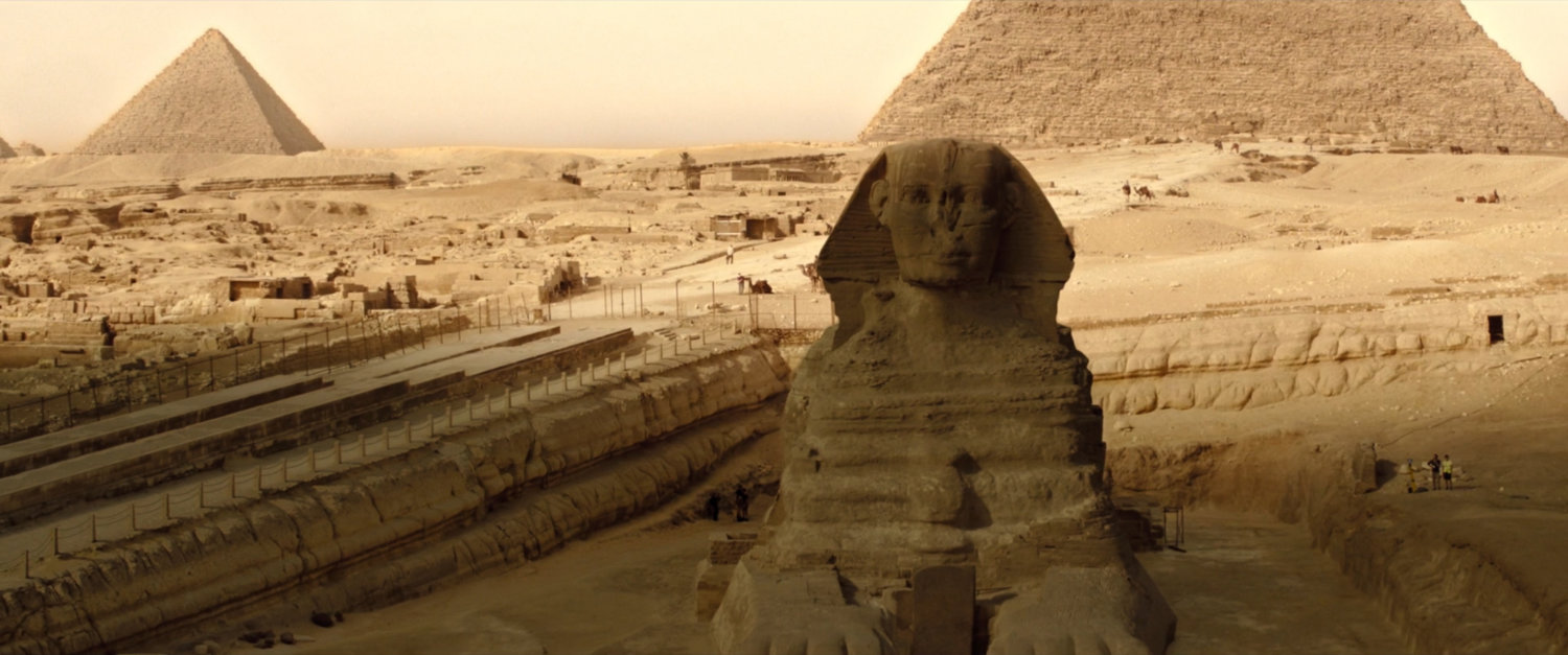 Aerial view of the Sphinx and Pyramids of Giza.