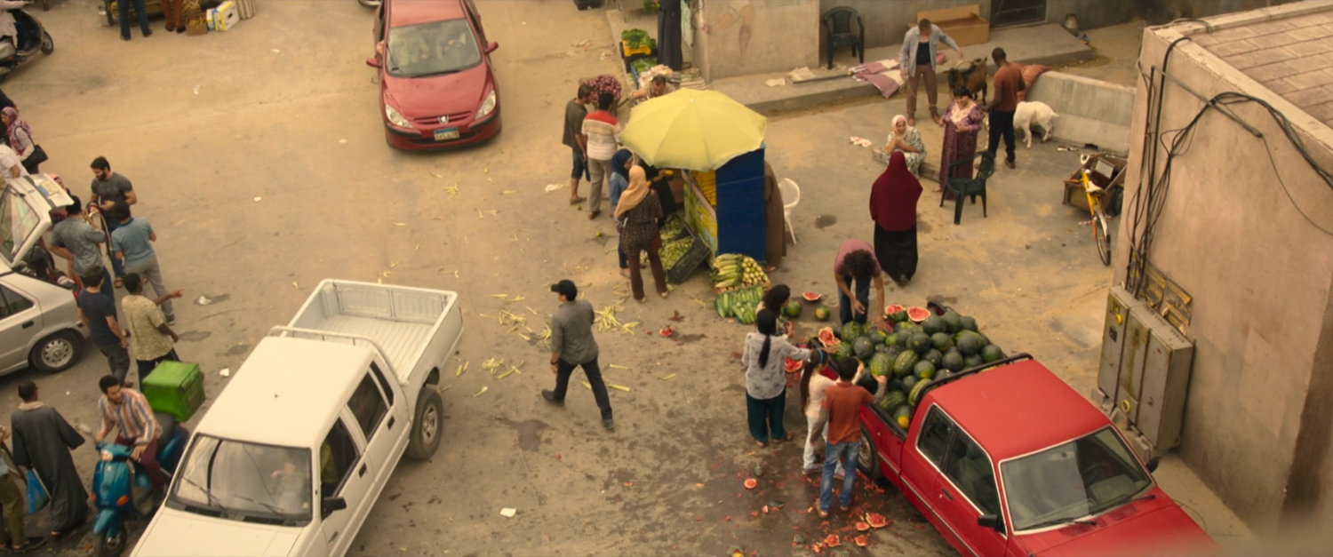 High angle view of vendors in Cairo marketplace.