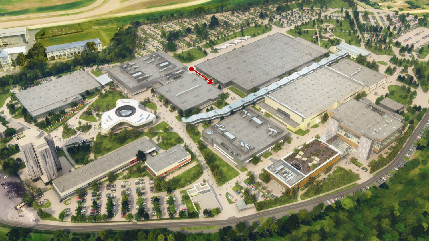 A graphic representation of the HungExpo convention center with a red arrow indicating filming location.