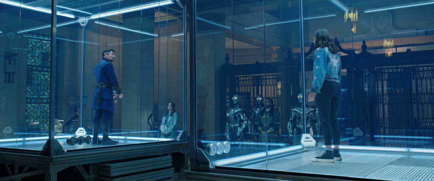 Dr Strange and America Chavez held in captivity inside Illuminati Headquarters.